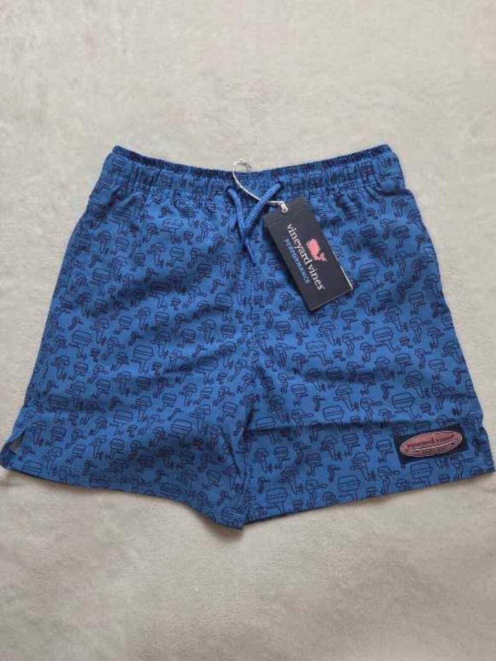 New boys 7 Vineyard Vines printed Chappy trunks swim shorts outboard hull blue